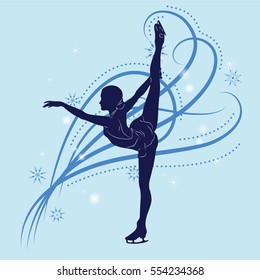 Silhouette of the figure skater against the background of blue patterns. Vector illustration