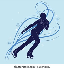 Silhouette of the figure skater against the background of blue patterns and snowflakes. Vector illustration