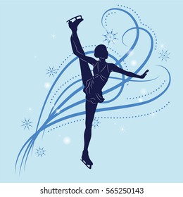 Silhouette of the figure skater against the background of blue patterns. Vector illustration