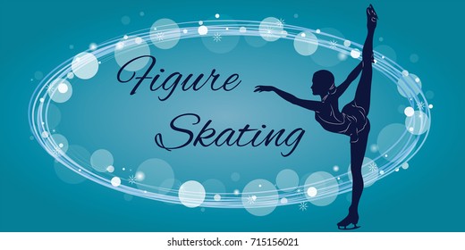 Silhouette of the figure skater against the background of blue patterns and elements. Vector illustration