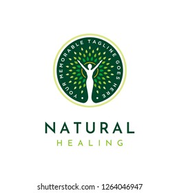 silhouette figure, sun, and leaves for Awakening Empowering Wellness Woman relationship with Nature Logo design