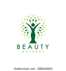 Silhouette figure, sun, and leaves for Awakening Empowering Wellness Woman relationship with Nature Logo design