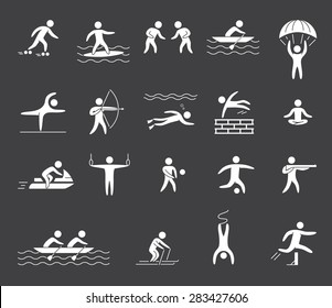 Silhouette figures of athletes popular sports. Yoga, surfing, rafting, skydiving, archery, athletics, volleyball, soccer and parkour