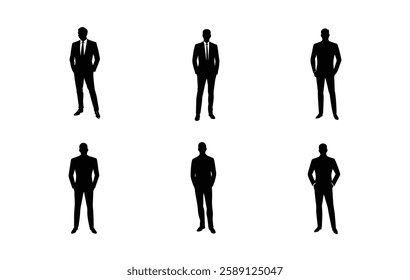  silhouette figures of businessmen in formal suits, standing with hands in pockets, against a white background.