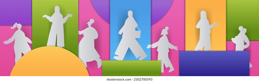 Silhouette figures colorful background paper cut style. Various white silhouettes of people in different poses against vibrant color blocks and geometric shapes. Banner design