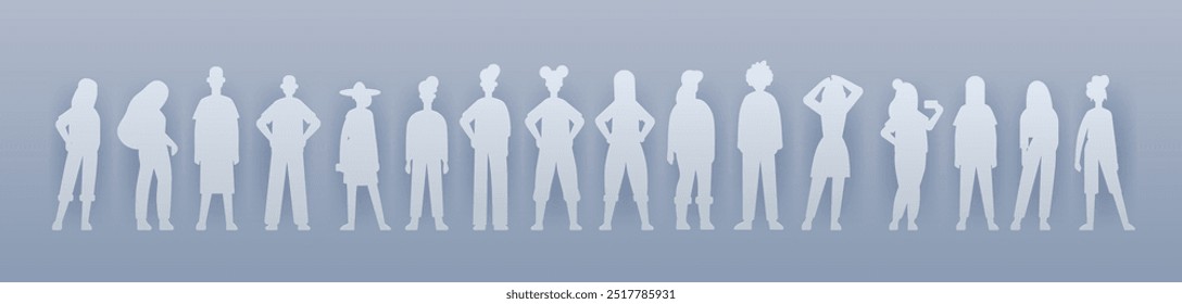 Silhouette figures of diverse people standing in a row various poses minimalist design grey background paper cut style