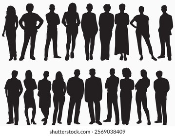 Silhouette figures of diverse people in various poses, emphasizing human diversity and body language, perfect for illustrating social concepts, teamwork, or community engagement