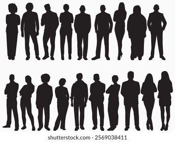 Silhouette figures of diverse people in various poses, emphasizing human diversity and body language, perfect for illustrating social concepts, teamwork, or community engagement