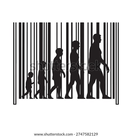 Silhouette figures of people walking within a barcode pattern conceptual art