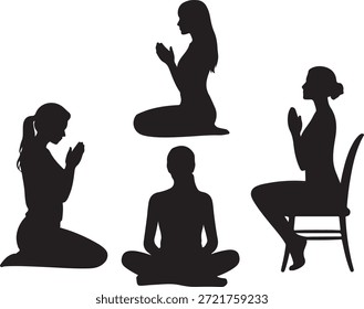 Figuras de silueta practicando la meditación en varias posiciones sentadas en una composición pacífica