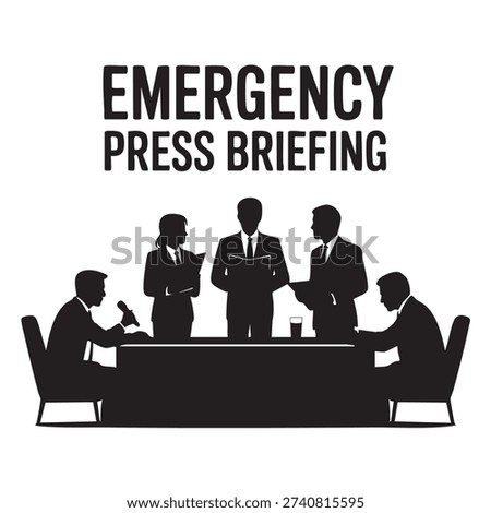 Silhouette figures representing officials conduct an urgent press briefing behind a table, delivering critical information to the media about a serious developing situation.