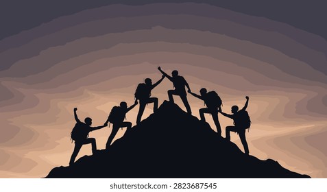 Silhouette figures of six hikers with backpacks climbing a rocky mountain peak, helping each other reach the summit against a soft dusk sky representing teamwork and success.