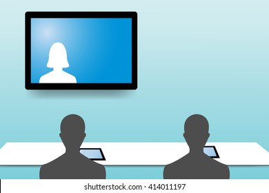 Silhouette figures of two men from behind are looking at a woman communicating with them from a monitor hanging on the green wall.Every man has a tablet on the table before him