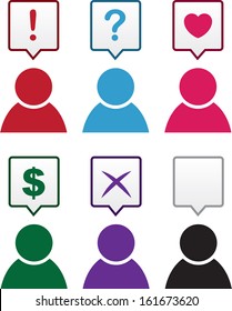 Silhouette figures with various speech bubble symbols 