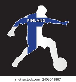 Silhouette of a Finnish footballer with the national flag colors set in a black background