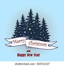 Silhouette of a fir forest and a banner with the wishes of a Merry Christmas