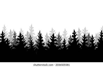 Silhouette of fir forest hand drawing on white background. Vector stock illustration with copy space. 