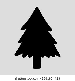 The silhouette of a fir tree on a light gray background. Suitable for season and holiday decorations. Black and white vector hand-drawn illustration.