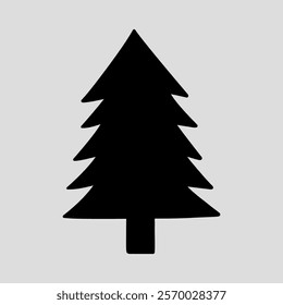 The silhouette of a fir tree on a light gray background. Suitable for season and holiday decorations. Black and white vector hand-drawn illustration.