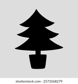 The silhouette of a fir tree on a light gray background. Suitable for season and holiday decorations. Black and white vector hand-drawn illustration.