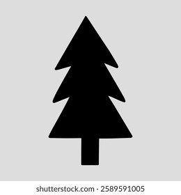 The silhouette of a fir tree on a light gray background. Suitable for season and holiday decorations. Black and white vector hand-drawn illustration.