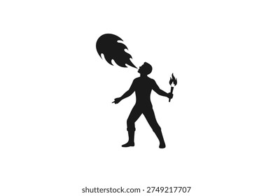 Silhouette of a Fire Breather Performing with a Torch