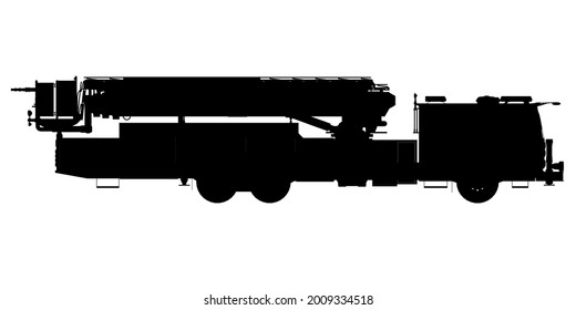 Silhouette of a fire engine isolated on a white background. Side view. Vector illustration