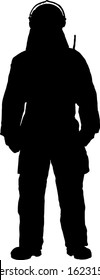 Silhouette Of A Fire Fighter In Protective Gear. Vector Illustration. 