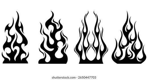 Silhouette Fire flames. Old school tattoo neo-tribal style or silhouette flame for cars. set vector icons. Fire sign. Fire flame icon isolated on white background. Vector illustration