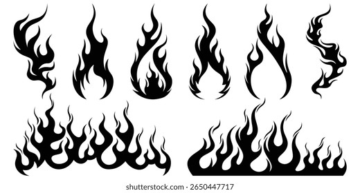 Silhouette Fire flames. Old school tattoo neo-tribal style or silhouette flame for cars. set vector icons. Fire sign. Fire flame icon isolated on white background. Vector illustration