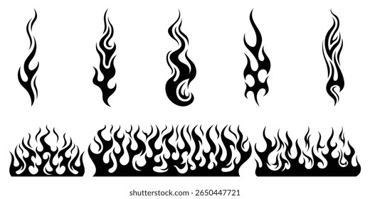 Silhouette Fire flames. Old school tattoo neo-tribal style or silhouette flame for cars. set vector icons. Fire sign. Fire flame icon isolated on white background. Vector illustration