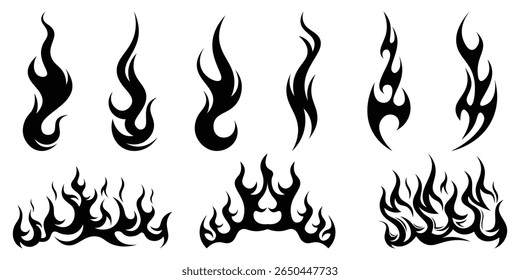 Silhouette Fire flames. Old school tattoo neo-tribal style or silhouette flame for cars. set vector icons. Fire sign. Fire flame icon isolated on white background. Vector illustration