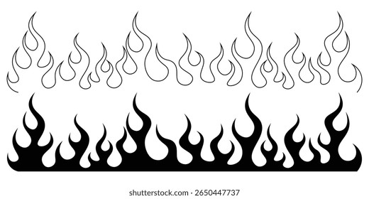 Silhouette Fire flames. Old school tattoo neo-tribal style or silhouette flame for cars. set vector icons. Fire sign. Fire flame icon isolated on white background. Vector illustration