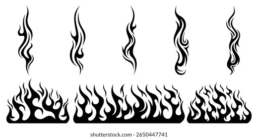 Silhouette Fire flames. Old school tattoo neo-tribal style or silhouette flame for cars. set vector icons. Fire sign. Fire flame icon isolated on white background. Vector illustration