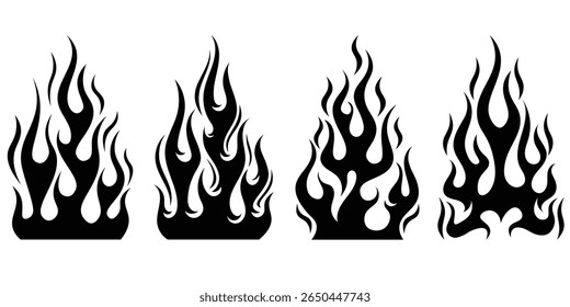 Silhouette Fire flames. Old school tattoo neo-tribal style or silhouette flame for cars. set vector icons. Fire sign. Fire flame icon isolated on white background. Vector illustration