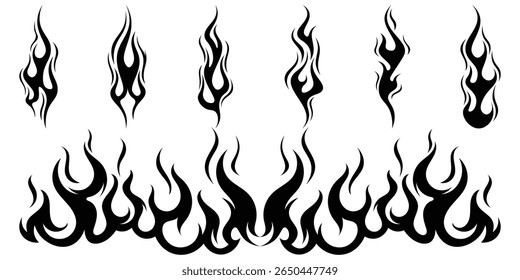 Silhouette Fire flames. Old school tattoo neo-tribal style or silhouette flame for cars. set vector icons. Fire sign. Fire flame icon isolated on white background. Vector illustration