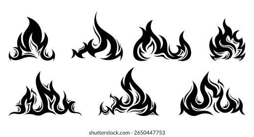Silhouette Fire flames. Old school tattoo neo-tribal style or silhouette flame for cars. set vector icons. Fire sign. Fire flame icon isolated on white background. Vector illustration