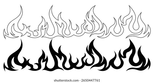 Silhouette Fire flames. Old school tattoo neo-tribal style or silhouette flame for cars. set vector icons. Fire sign. Fire flame icon isolated on white background. Vector illustration