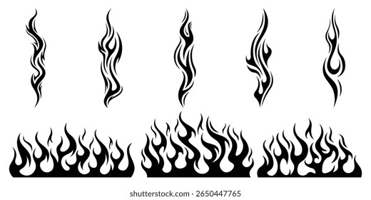 Silhouette Fire flames. Old school tattoo neo-tribal style or silhouette flame for cars. set vector icons. Fire sign. Fire flame icon isolated on white background. Vector illustration