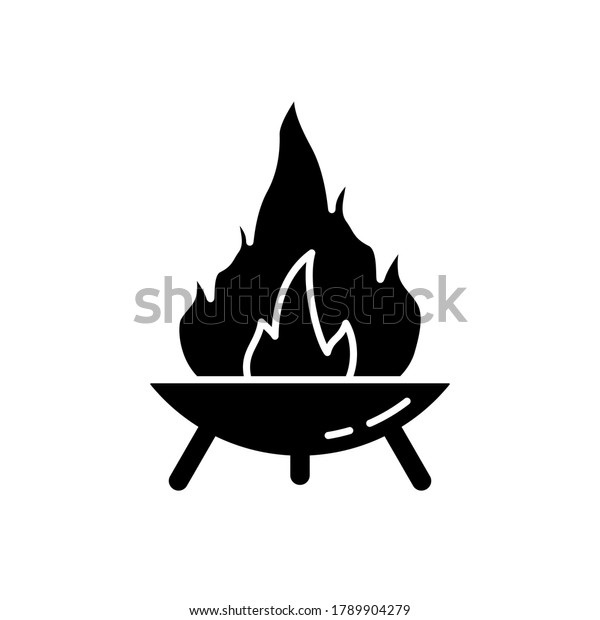 Silhouette Fire Pit on three legs. Symbol of
making campfire outdoors and traveling. Diwali festival icon.
Outline round bonfire bowl. Illustration for camping. Flat isolated
vector, white
background