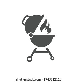 Silhouette Fire Pit. Symbol of making campfire outdoors and traveling. Diwali festival icon. Outline round bonfire bowl. Illustration for camping. Flat isolated vector, white background
