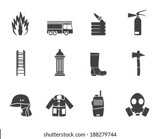 Silhouette fire-brigade and fireman equipment icon - vector icon set