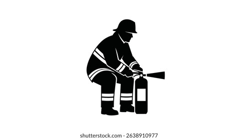 Silhouette: Firefighter Crouched, Holding Fire Extinguisher