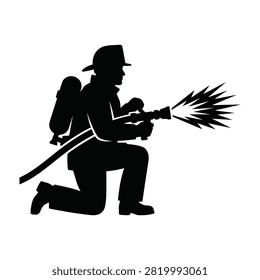 Silhouette of a firefighter kneeling, using a firehose to spray flames, wearing protective gear and helmet, against a white background