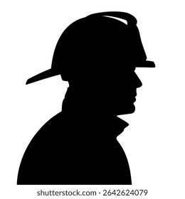 Silhouette of firefighter profile wearing helmet. Clipart image isolated on background.