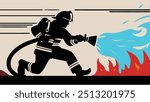 silhouette of a firefighter putting out a fire,