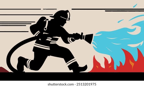 silhouette of a firefighter putting out a fire,