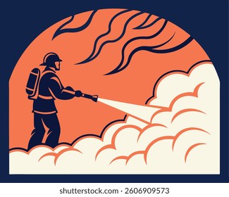 Silhouette of a firefighter spraying water on a large smoke cloud.