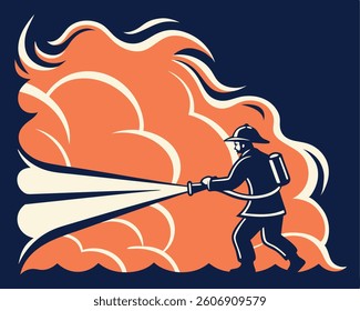 Silhouette of a firefighter spraying water on a large smoke cloud.