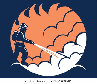 Silhouette of a firefighter spraying water on a large smoke cloud.